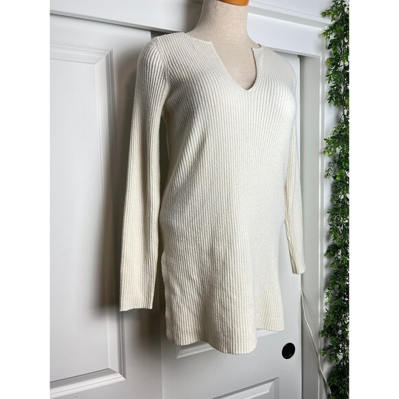 Anthropologie Ett twa Amrita Cream Merino Wool Ribbed Vneck Tunic Sweater size m - Picture 3 of 8